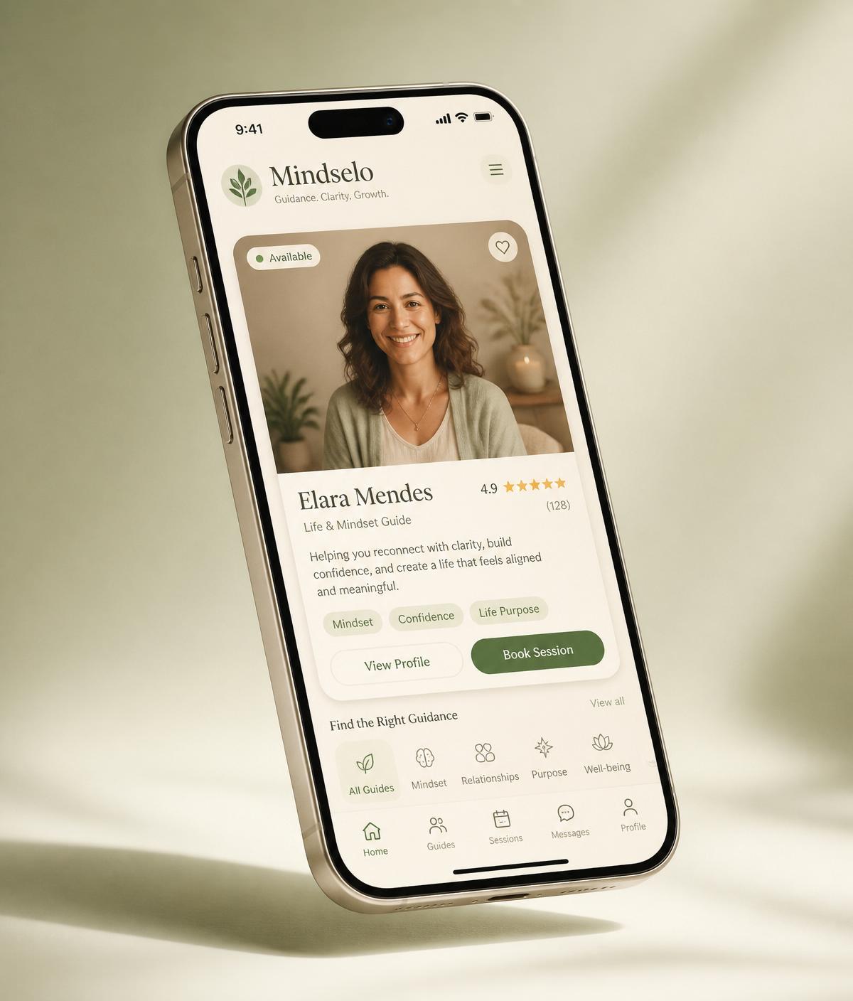 Mindselo mobile app showing a guide profile with rating, categories, and a book session action
